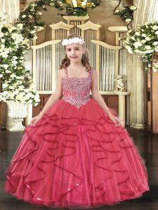 Coral Red Sleeveless Floor Length Beading and Ruffles Lace Up Pageant Dress for Teens