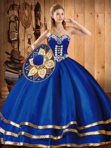 Floor Length Lace Up Quinceanera Gowns Blue for Military Ball and Sweet 16 and Quinceanera with Embroidery