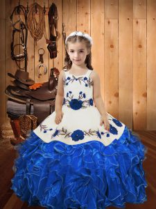 Latest Ball Gowns Little Girls Pageant Gowns Blue Straps Organza Sleeveless Floor Length Lace Up