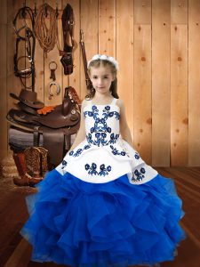 Blue Ball Gowns Embroidery and Ruffles Custom Made Pageant Dress Lace Up Organza Sleeveless Floor Length