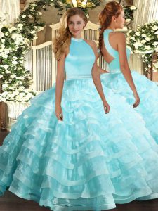 Top Selling Sleeveless Floor Length Beading and Ruffled Layers Backless 15 Quinceanera Dress with Aqua Blue