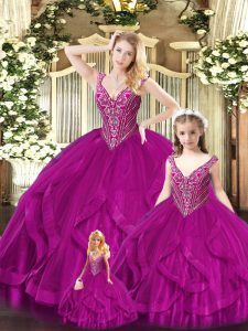 Simple Fuchsia Straps Neckline Beading and Ruffles Sweet 16 Quinceanera Dress Sleeveless Lace Up