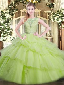 Artistic Yellow Green Quinceanera Gown Military Ball and Sweet 16 and Quinceanera with Beading and Ruffled Layers Scoop Sleeveless Backless