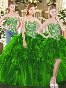 Affordable Dark Green Sleeveless Beading and Ruffles Floor Length Sweet 16 Quinceanera Dress