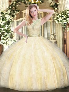 Pretty Scoop Sleeveless Backless Quince Ball Gowns Light Yellow Organza