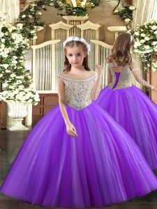 Beautiful Sleeveless Floor Length Beading Lace Up Pageant Dress Wholesale with Purple
