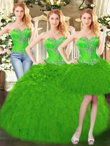 Cute Green Sleeveless Floor Length Beading and Ruffles Lace Up Quinceanera Gown