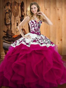 Fuchsia Quinceanera Dress Military Ball and Sweet 16 and Quinceanera with Embroidery Sweetheart Sleeveless Lace Up