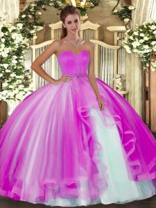 Custom Design Fuchsia Ball Gowns Beading Quinceanera Dresses Lace Up Tulle Sleeveless Floor Length