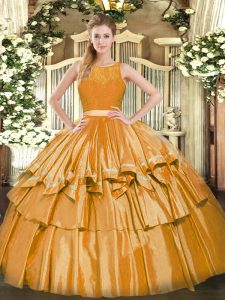 Gold Zipper Quinceanera Gowns Ruffled Layers Sleeveless Floor Length