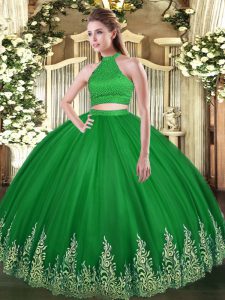 Green Halter Top Neckline Beading and Appliques Quinceanera Gowns Sleeveless Backless
