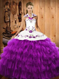 Comfortable Floor Length Eggplant Purple Quinceanera Gowns Halter Top Sleeveless Lace Up