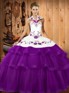 Cute Purple Lace Up Quinceanera Dresses Embroidery and Ruffled Layers Sleeveless Sweep Train