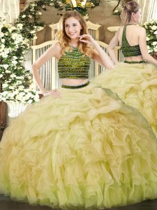 Yellow Green Ball Gowns Organza Halter Top Sleeveless Beading and Ruffles Floor Length Zipper Quinceanera Gown