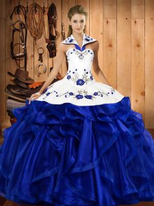 Halter Top Sleeveless Satin and Organza Quinceanera Dresses Embroidery and Ruffles Lace Up