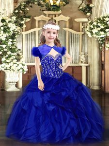 Royal Blue Lace Up Straps Beading and Ruffles Glitz Pageant Dress Organza Sleeveless