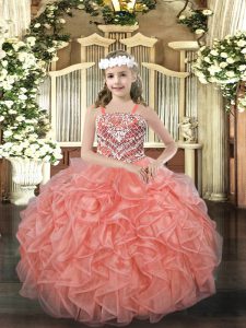 Orange Red Ball Gowns Organza Straps Sleeveless Beading and Ruffles Floor Length Lace Up Child Pageant Dress