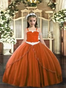 On Sale Rust Red Lace Up Straps Appliques Girls Pageant Dresses Tulle Sleeveless Sweep Train