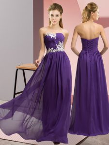 Purple Lace Up Prom Evening Gown Appliques Sleeveless Floor Length
