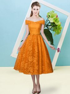 Empire Bridesmaids Dress Orange Red Off The Shoulder Lace Cap Sleeves Tea Length Lace Up