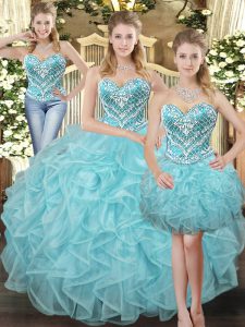 Floor Length Aqua Blue Vestidos de Quinceanera Organza Sleeveless Beading and Ruffles