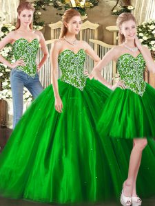 Best Selling Ball Gowns Sweet 16 Dress Green Sweetheart Tulle Sleeveless Floor Length Lace Up