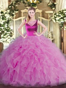 Trendy Sleeveless Organza Floor Length Side Zipper Quinceanera Gowns in Lilac with Beading and Ruffles