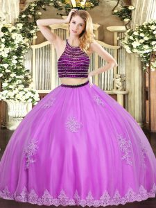 Dramatic Lilac Quinceanera Gowns Military Ball and Sweet 16 and Quinceanera with Beading and Appliques Halter Top Sleeveless Zipper
