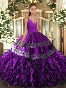 Purple Backless V-neck Ruffles Sweet 16 Dresses Satin and Organza Sleeveless