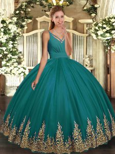 Clearance Turquoise V-neck Backless Appliques Quinceanera Gown Sleeveless