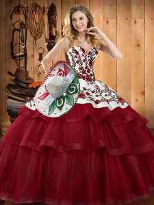 Sweetheart Sleeveless Sweet 16 Dresses Sweep Train Embroidery Wine Red Organza