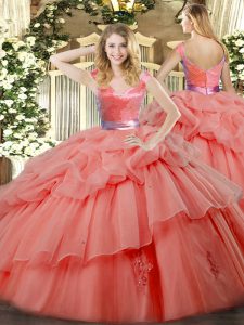 Noble Watermelon Red Organza Zipper 15th Birthday Dress Sleeveless Floor Length Ruffled Layers