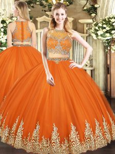 Charming Sleeveless Tulle Floor Length Zipper Sweet 16 Dress in Orange Red with Beading and Appliques