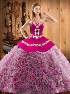 Trendy Multi-color Ball Gowns Sweetheart Sleeveless Satin and Fabric With Rolling Flowers With Train Sweep Train Lace Up Embroidery Quinceanera Gown