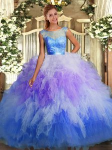 High End Sleeveless Organza Floor Length Backless Quinceanera Dresses in Multi-color with Lace and Ruffles