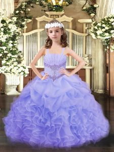 Lavender Straps Lace Up Beading and Ruffles and Pick Ups Girls Pageant Dresses Sleeveless