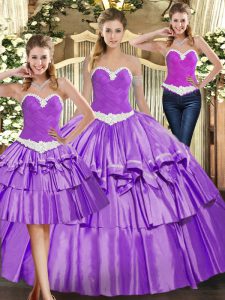 Eggplant Purple Ball Gowns Organza Sweetheart Sleeveless Appliques and Ruffled Layers Floor Length Lace Up Sweet 16 Dress