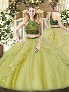 Olive Green Sweet 16 Dress Military Ball and Sweet 16 and Quinceanera with Beading and Ruffles Halter Top Sleeveless Zipper