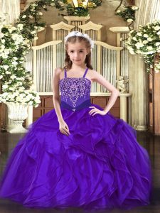 Stylish Organza Straps Sleeveless Lace Up Beading and Ruffles Custom Made Pageant Dress in Purple