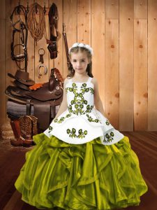 Trendy Olive Green Organza Lace Up Straps Sleeveless Floor Length Pageant Gowns Embroidery and Ruffles