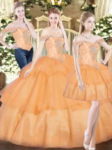 New Arrival Orange Red Sleeveless Organza Lace Up Quinceanera Gown for Military Ball and Sweet 16 and Quinceanera
