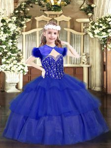 Cute Royal Blue Straps Lace Up Beading and Ruffled Layers Little Girls Pageant Gowns Sleeveless