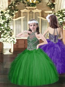 High Quality Dark Green Ball Gowns Halter Top Sleeveless Tulle Floor Length Lace Up Beading and Ruffles Pageant Gowns For Girls