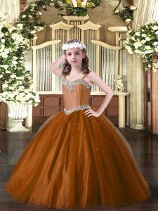 Superior Brown Ball Gowns Tulle Straps Sleeveless Beading Floor Length Lace Up Winning Pageant Gowns
