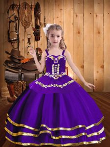 Embroidery and Ruffled Layers Little Girl Pageant Gowns Purple Lace Up Sleeveless Floor Length