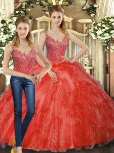 Straps Sleeveless Lace Up Quinceanera Dresses Red Organza