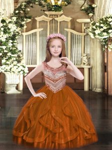 Luxurious Tulle Scoop Sleeveless Lace Up Beading and Ruffles Kids Pageant Dress in Rust Red