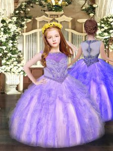 Sleeveless Floor Length Beading and Ruffles Zipper Little Girls Pageant Dress with Lavender
