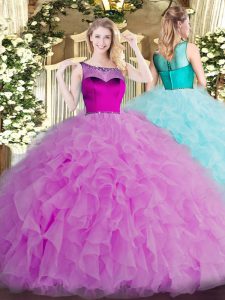 Chic Lilac Organza Zipper Scoop Sleeveless Floor Length Sweet 16 Dress Beading and Ruffles