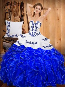 Trendy Floor Length Blue And White Ball Gown Prom Dress Strapless Sleeveless Lace Up